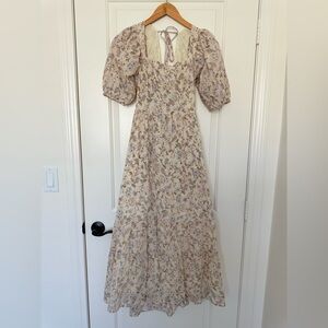 NEW Dress Forum Cottagecore Floral Puff Sleeve Midi Dress Tie Back XS